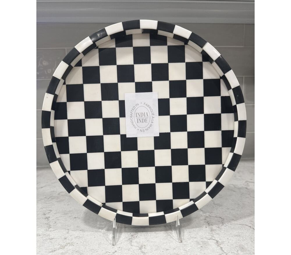Checkered Black & White 12” Round Table Scape Tray Riser Felt Bottom NEW
